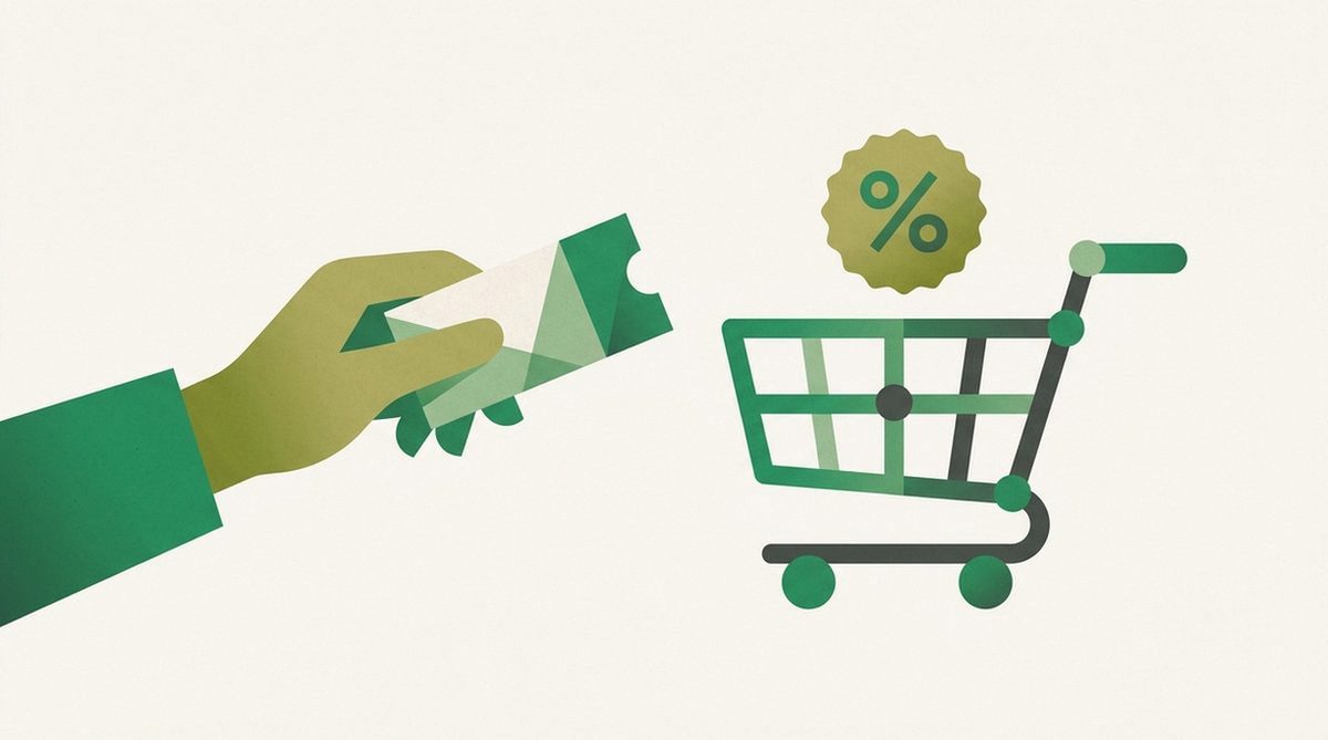 Coupon ticket being handed to a shopping cart with a percent badge