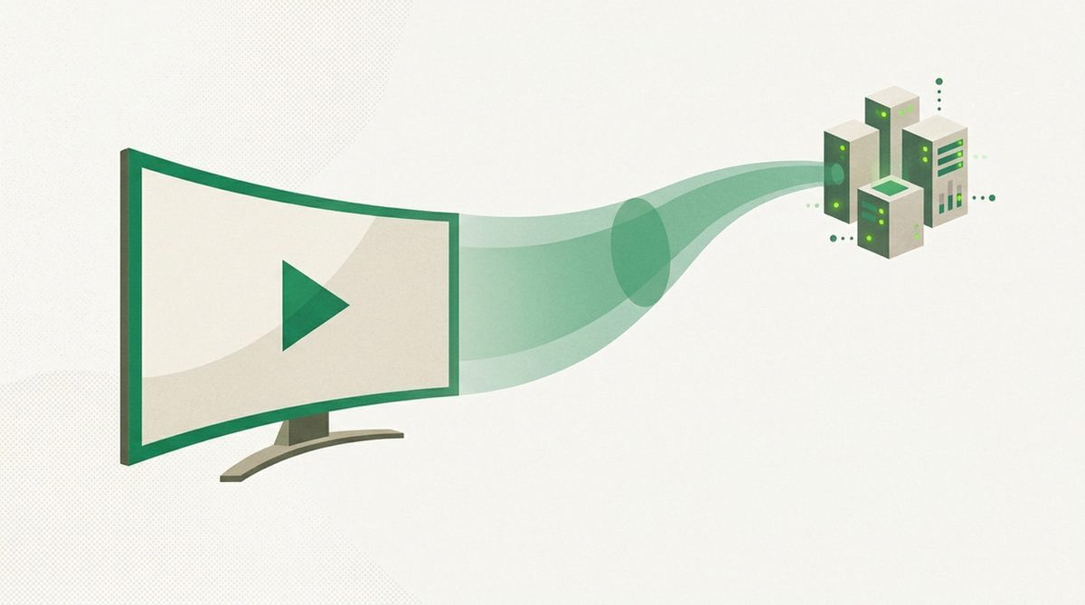 Abstract illustration of a screen connecting through a secure tunnel to a server, representing using a VPN with a streaming service.