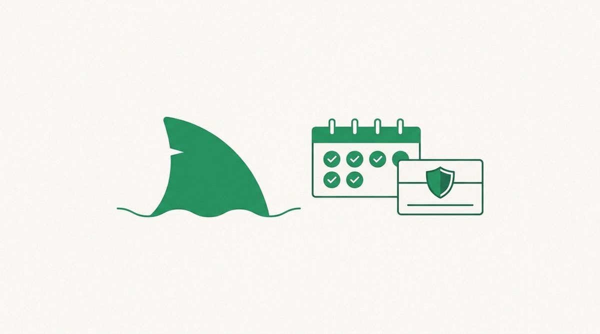 shark fin beside a seven-day calendar and a shielded card