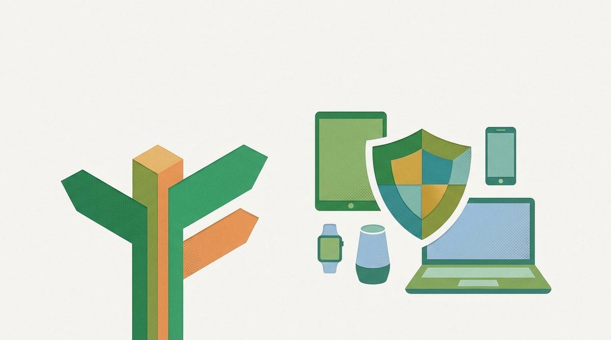 signpost pointing to a shield surrounded by multiple device icons