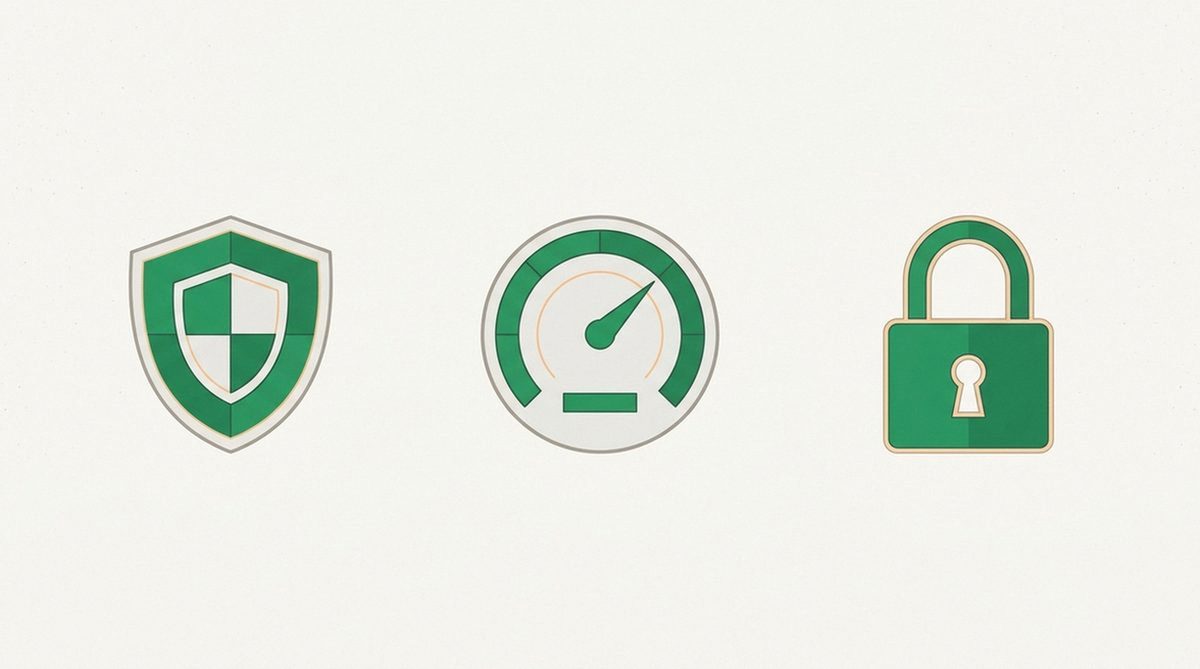 Grid of shield, speedometer, and lock icons compared side by side