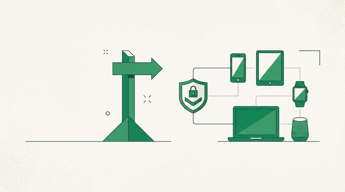signpost pointing to a shield beside several device icons