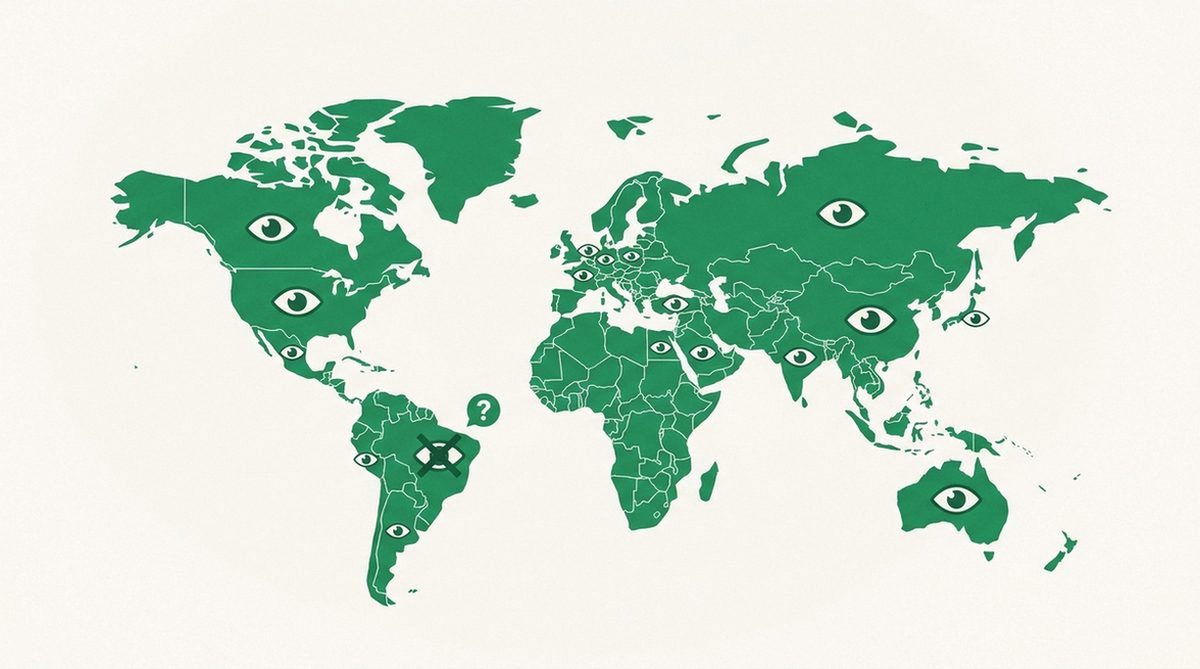 World map with eye icons and a crossed-out eye questioning surveillance alliance membership