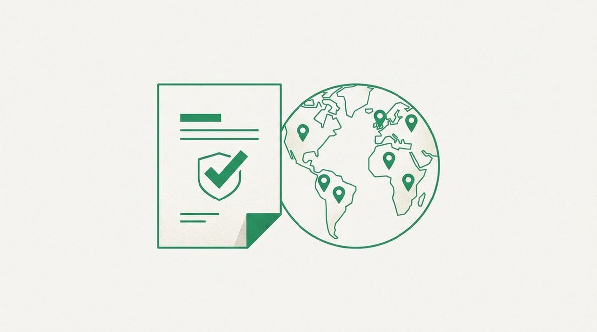 Document with a checkmark shield beside a pinned globe representing jurisdictions and no-logs proof