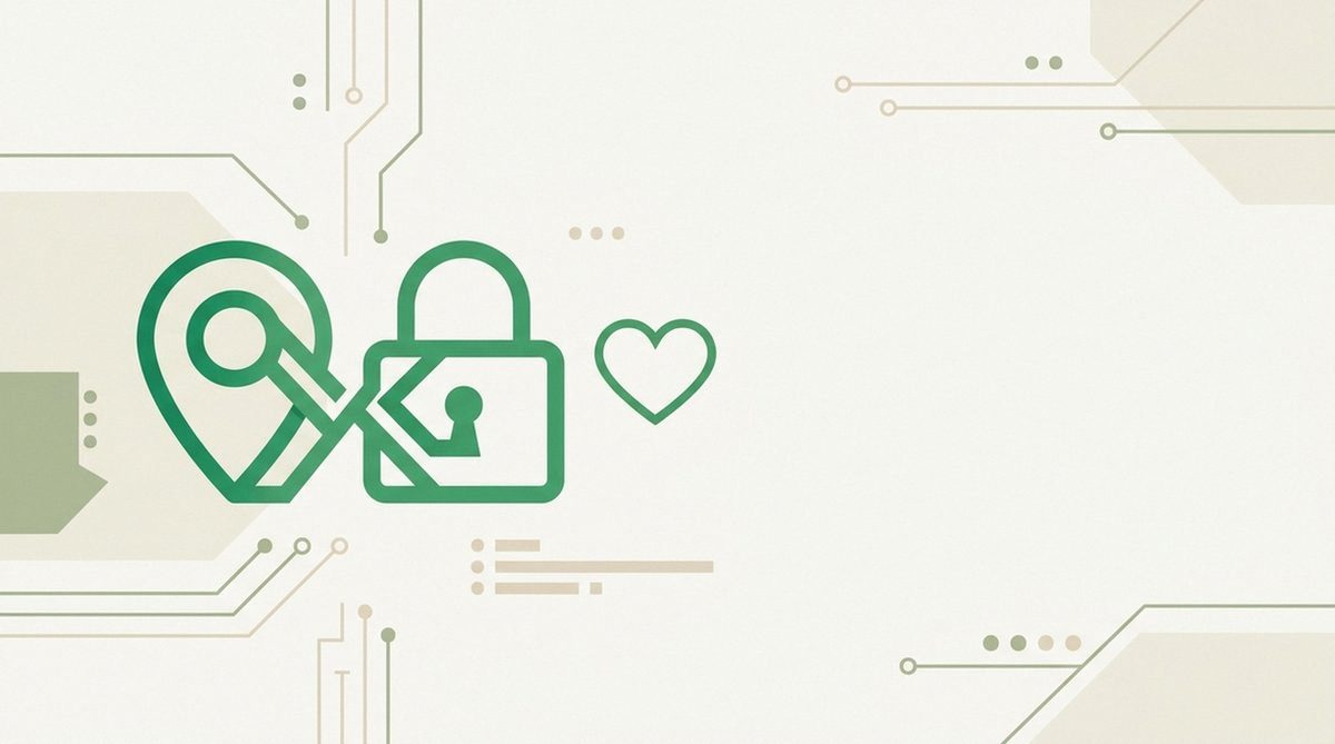 Location pin fading into a padlock with a heart outline