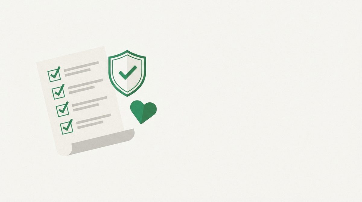 Checklist floating beside a shield and heart-shaped icon
