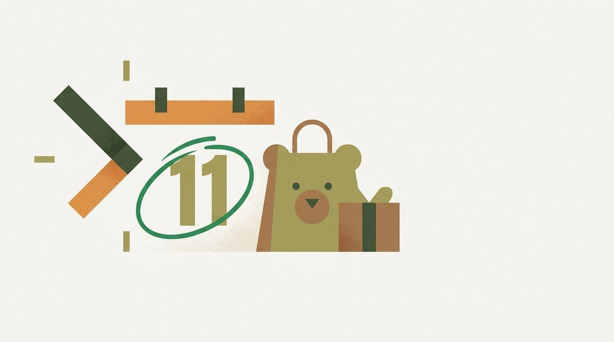 clock hands nearing a circled calendar date beside a bear shopping bag