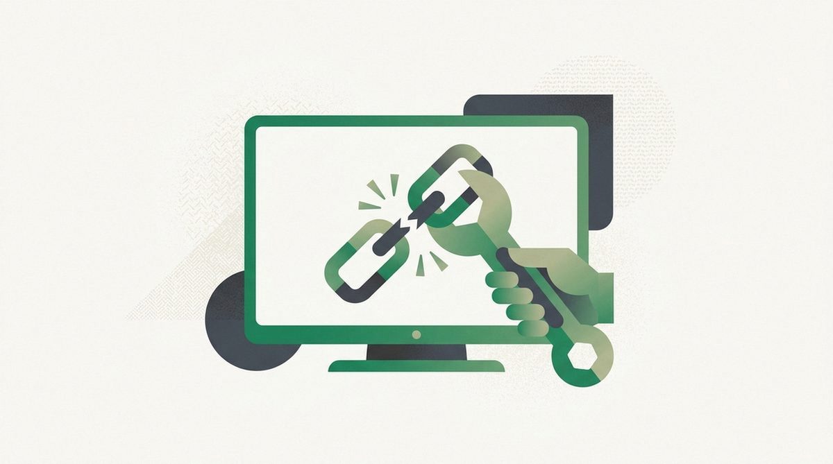 Illustration of a broken chain-link icon on a television being rejoined by a wrench, representing fixing a proxy error