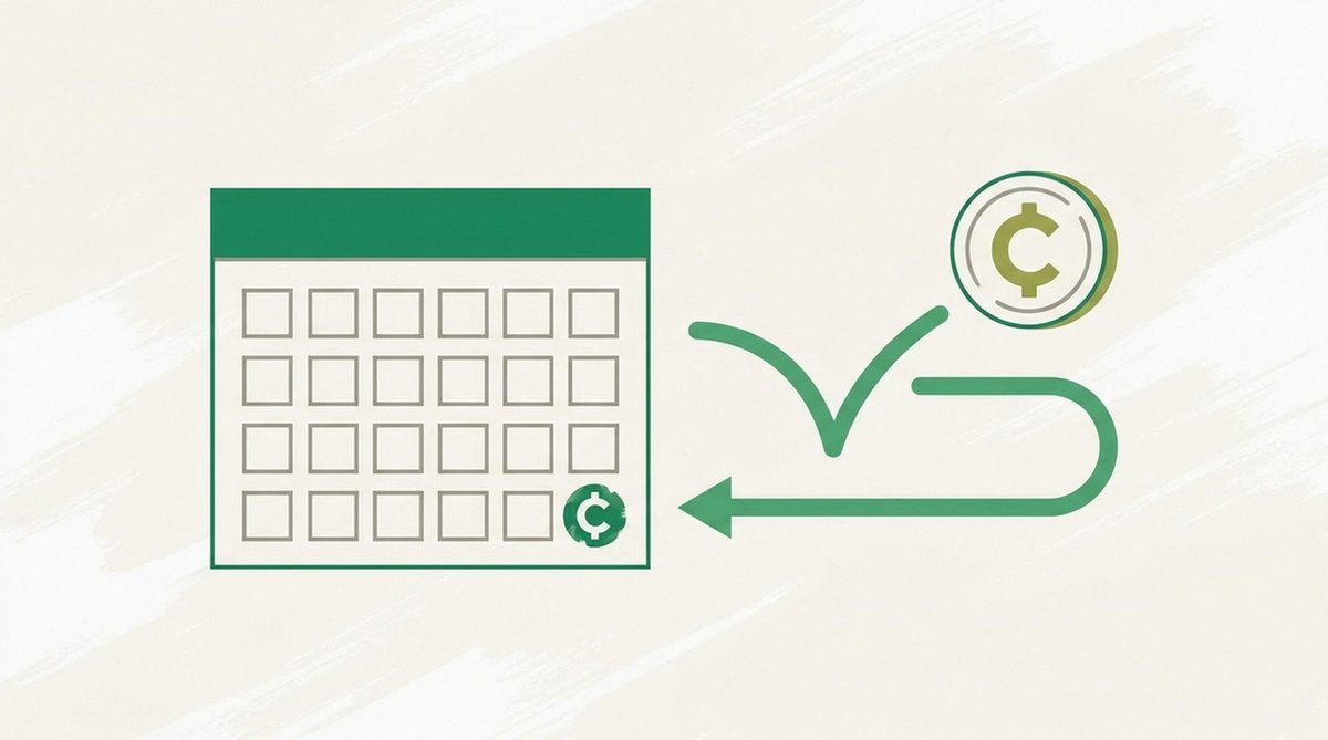 Calendar marked thirty days with a coin bouncing back along a return arrow