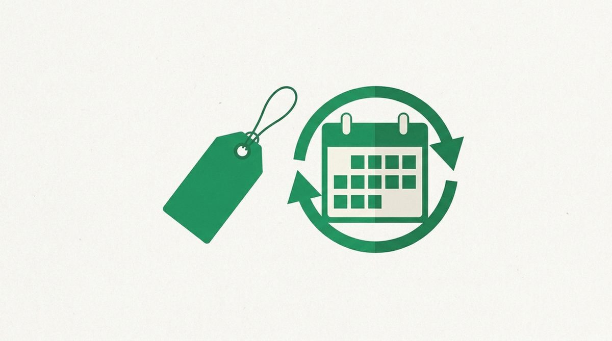Price tag beside a calendar with a looping renewal arrow showing subscription pricing