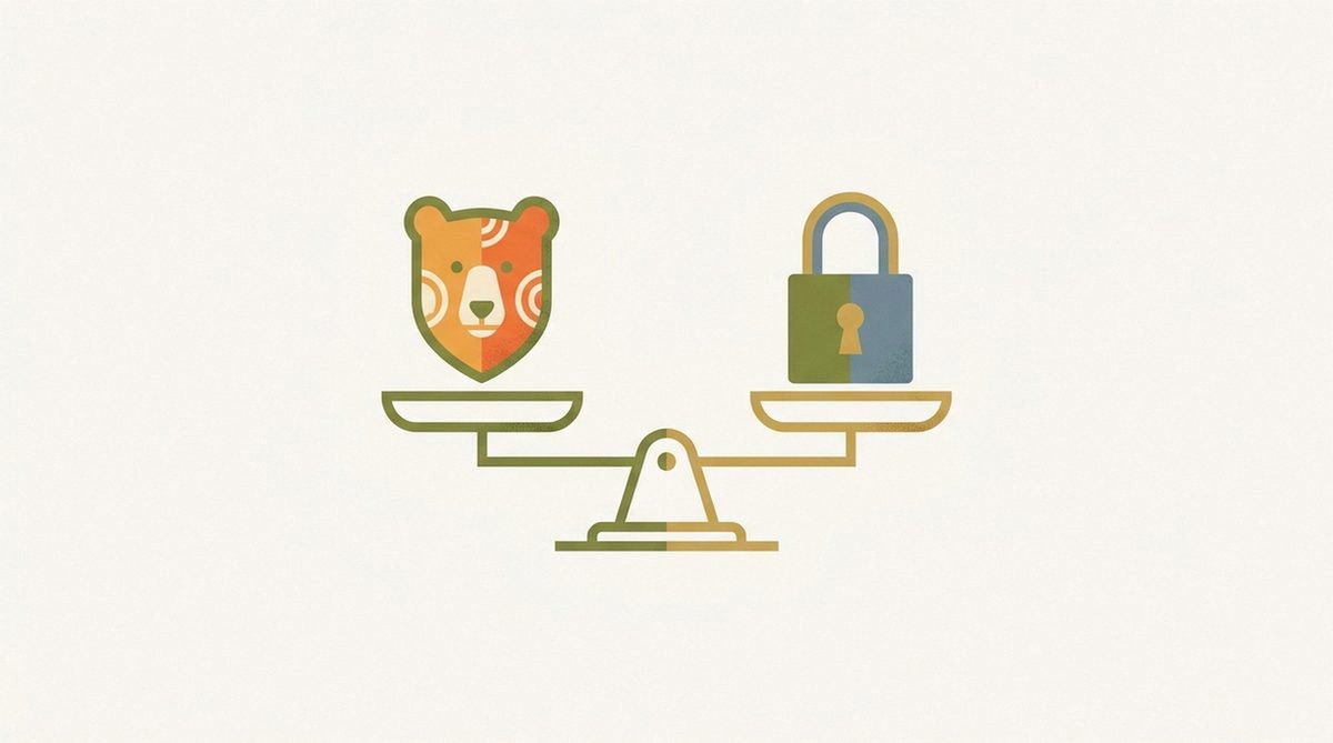 scale comparing a bear-shaped shield icon and a padlock icon