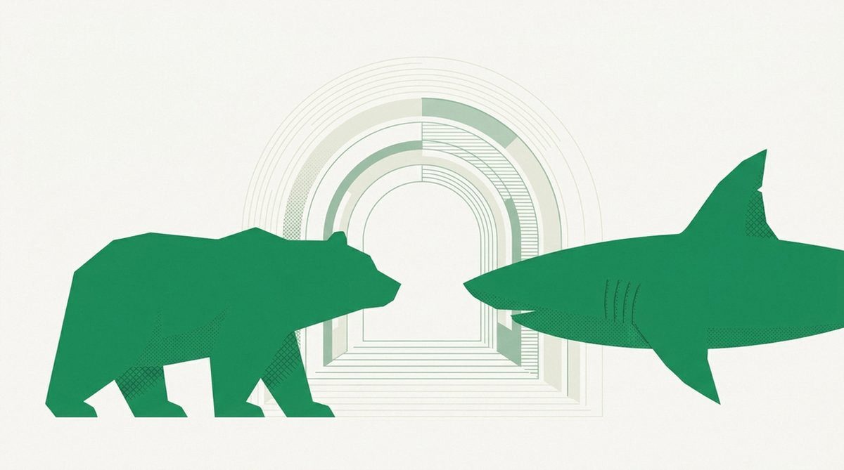 Bear silhouette and shark fin facing each other across a tunnel