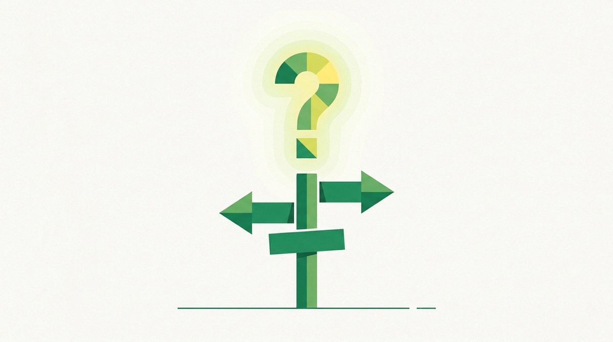Forked signpost beneath a glowing question mark for decisions