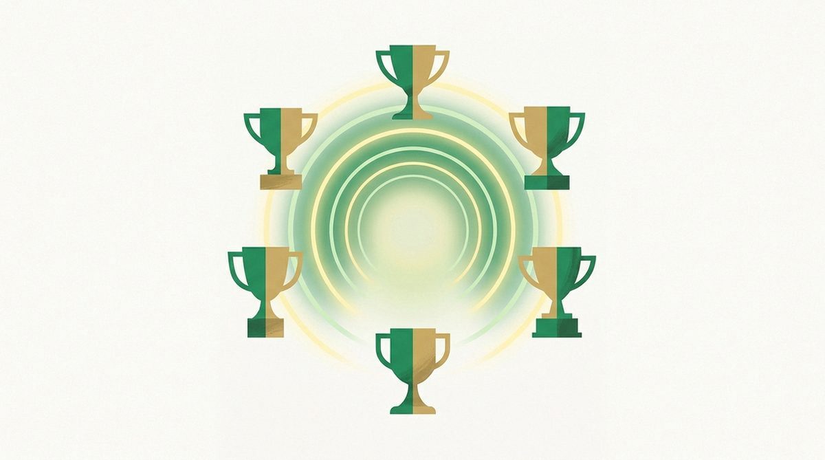 six small trophies surrounding a glowing tunnel entrance icon