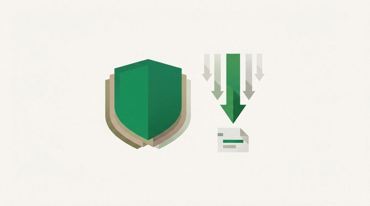 Stacked shields beside downward arrows representing file downloads