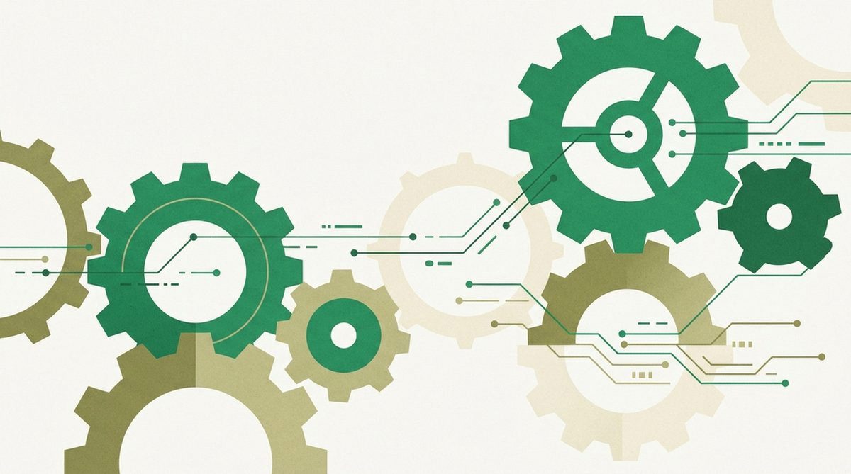 Abstract illustration of interlocking gears with data lines threading through them, representing how protocols and encryption interact.