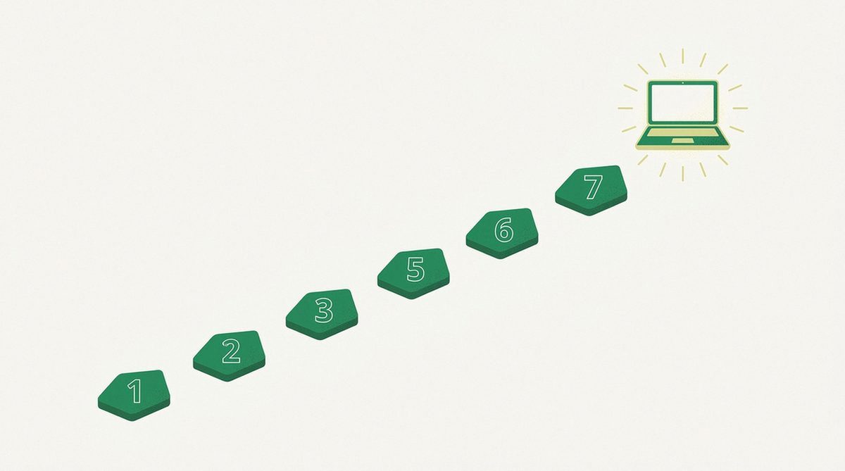 Illustration of seven numbered stepping stones ascending toward a glowing connected laptop, representing a first VPN setup