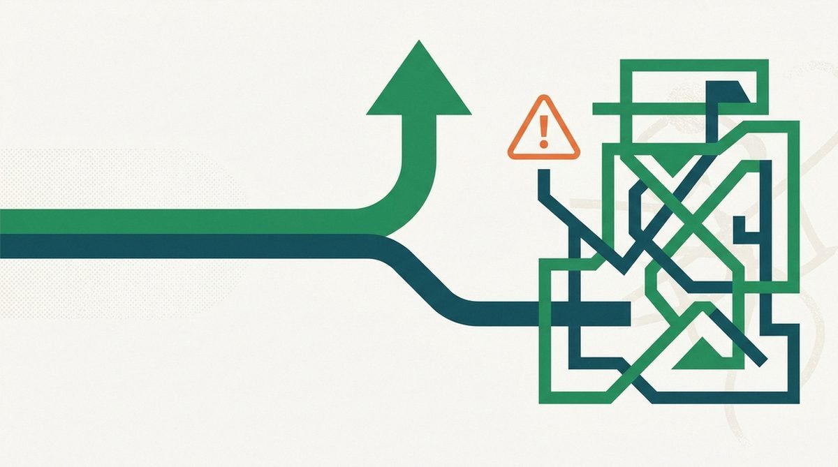 Illustration of a path splitting into a straight route and a tangled detour marked with a warning triangle, representing common mistakes