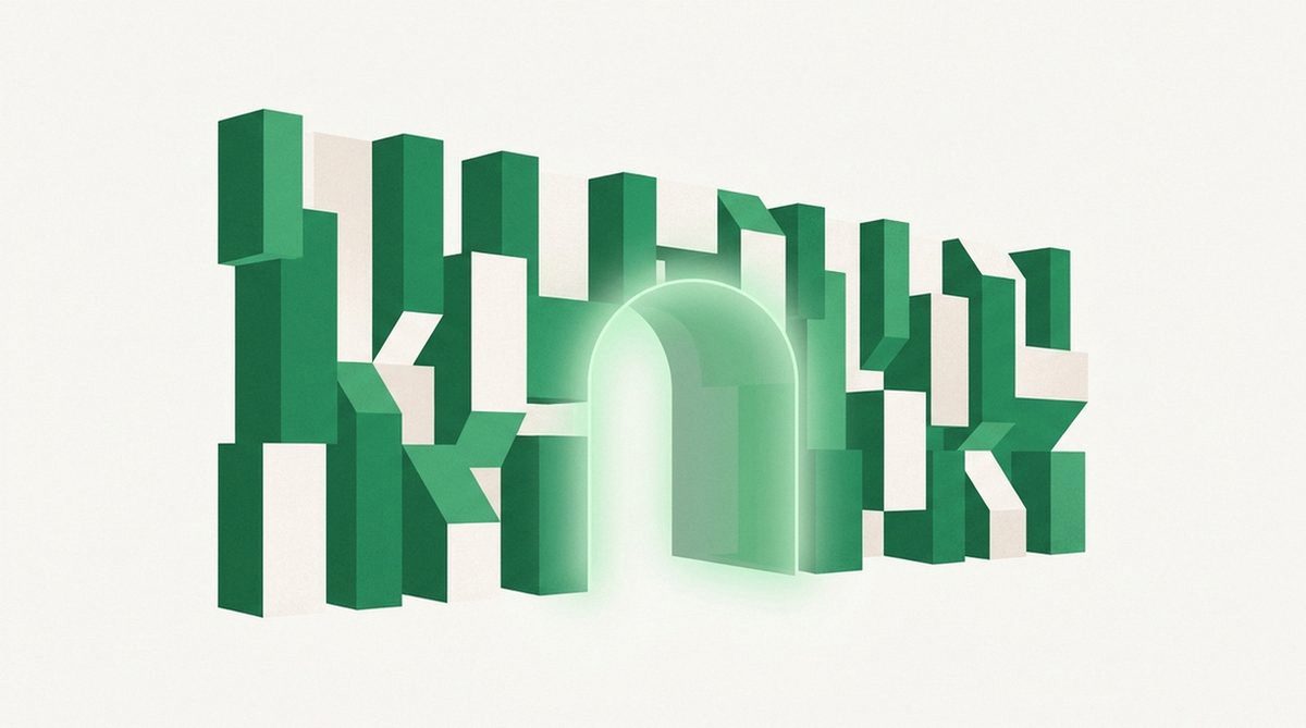 Abstract illustration of a barrier wall with a glowing tunnel through it, representing what matters most when choosing a VPN in a restrictive region.