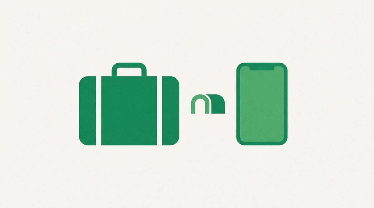 Abstract illustration of a suitcase and smartphone linked by a secure tunnel, representing preparing a VPN before international travel.