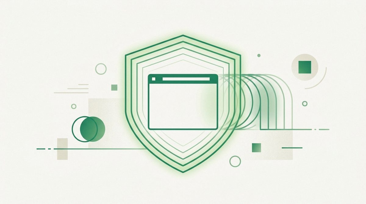browser window wrapped by a glowing shield and network tunnel