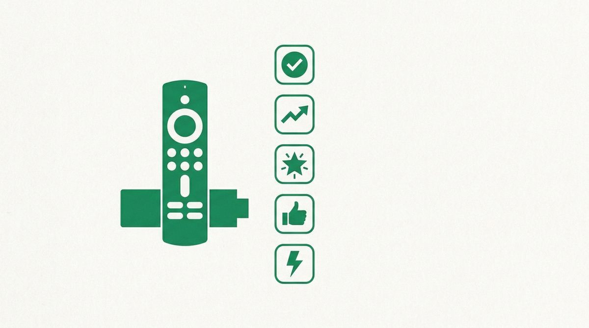 Illustration of a streaming stick beside a floating checklist, representing criteria for choosing a Firestick VPN