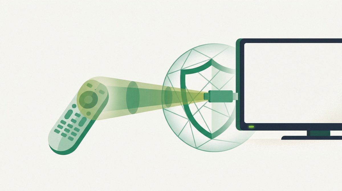 Illustration of a remote control beam connecting to a streaming stick with a shield forming around it, representing installation