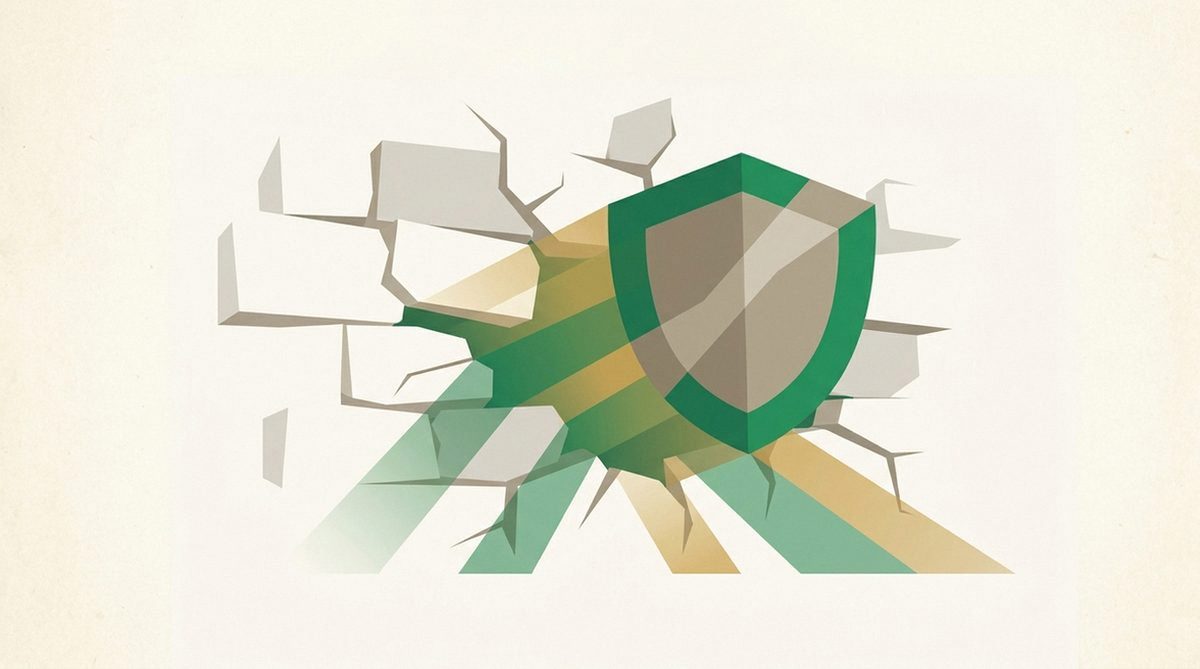 Shield overlapping a cracked wall with light passing through