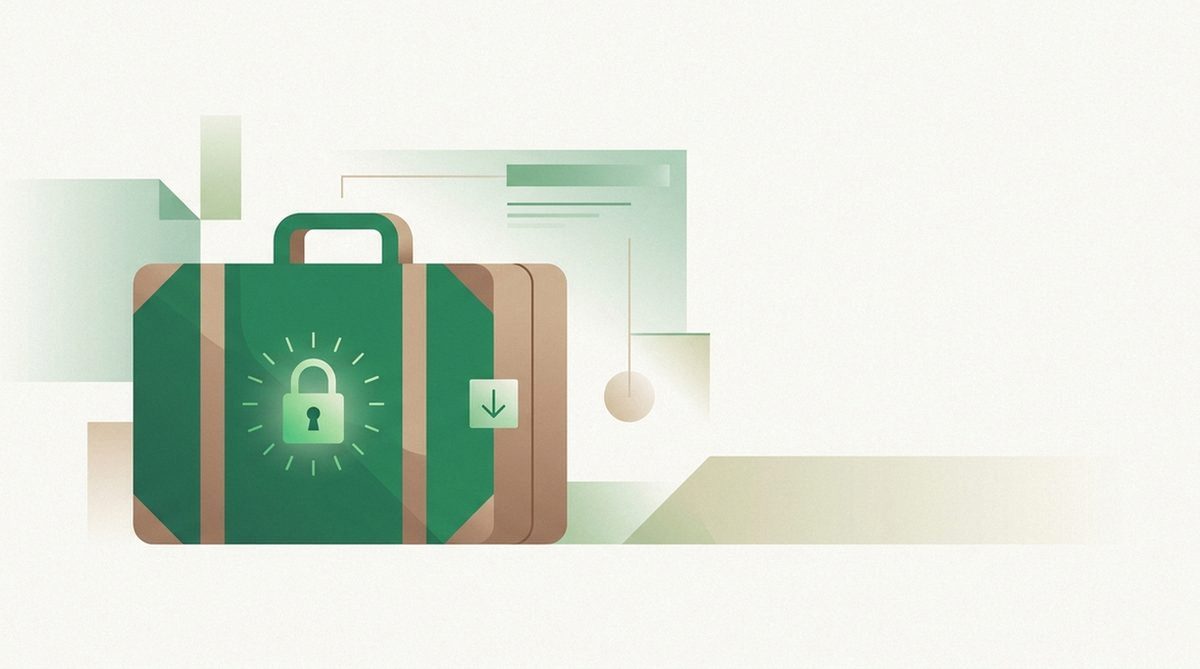 Suitcase with a glowing padlock and a download arrow icon