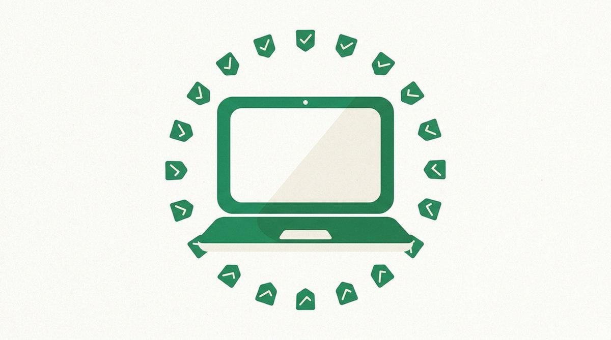 Abstract illustration of a laptop surrounded by shield icons, representing a checklist for choosing a VPN for a Mac.