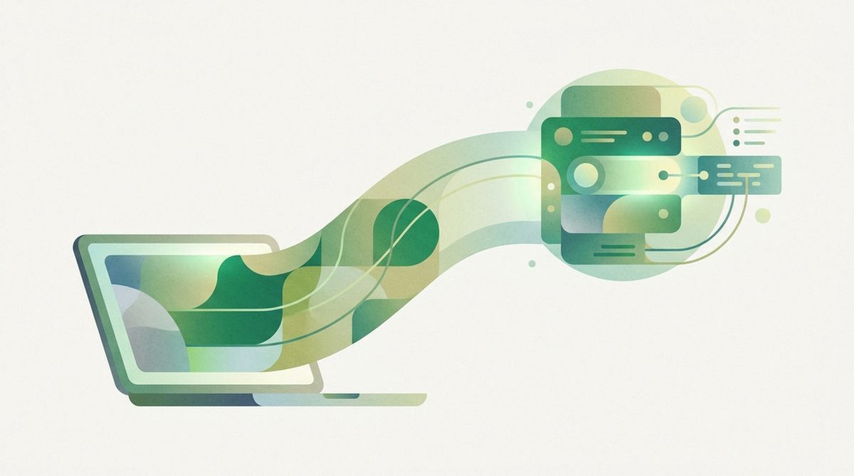 Abstract illustration of a laptop connecting through a secure tunnel, representing setting up a VPN on a Mac computer.