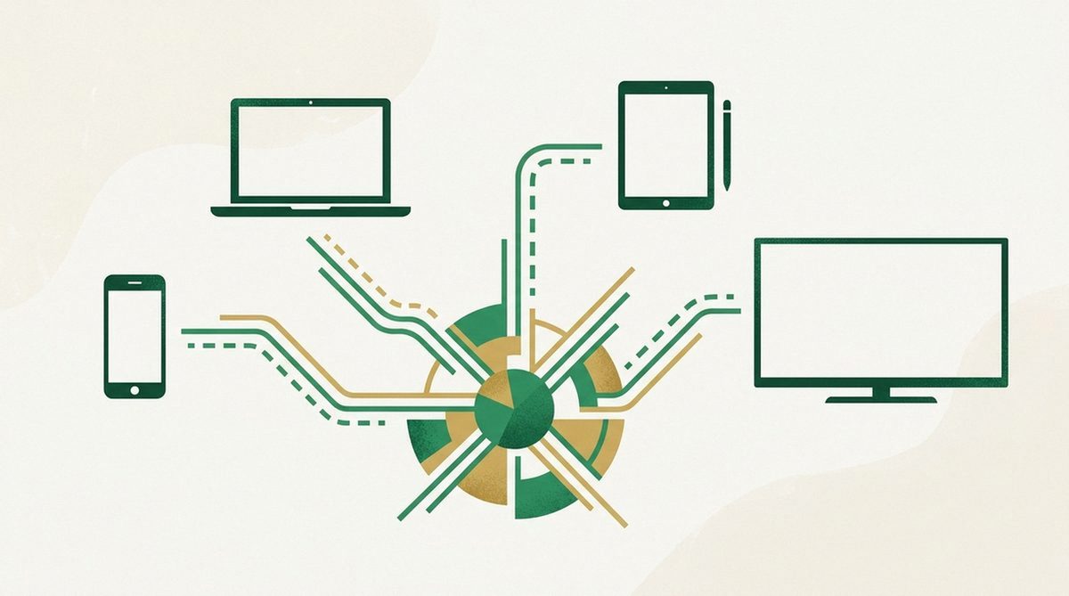 Illustration representing a single VPN connection covering multiple household devices.