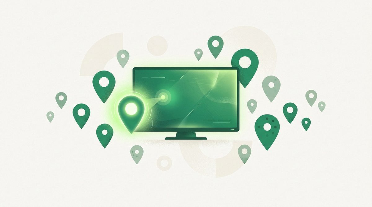 Illustration of a television surrounded by location pins with one glowing brighter, representing choosing the right streaming server