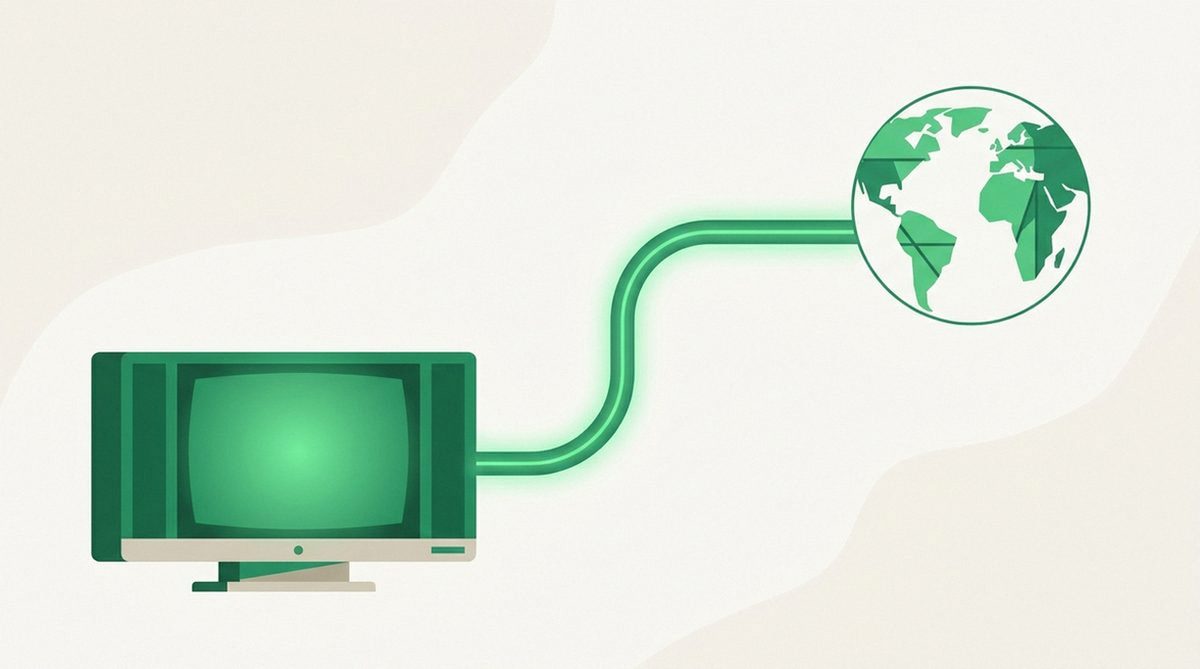 Illustration of a television connected by a glowing tunnel line to a distant globe, representing routing a streaming connection