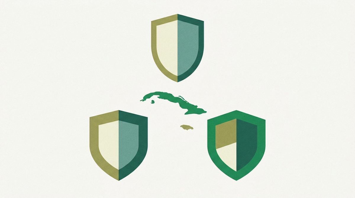 three shields arranged around a tropical island map outline