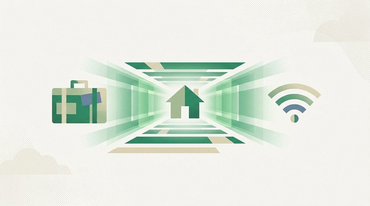 suitcase, house, and Wi-Fi icon linked by a glowing tunnel