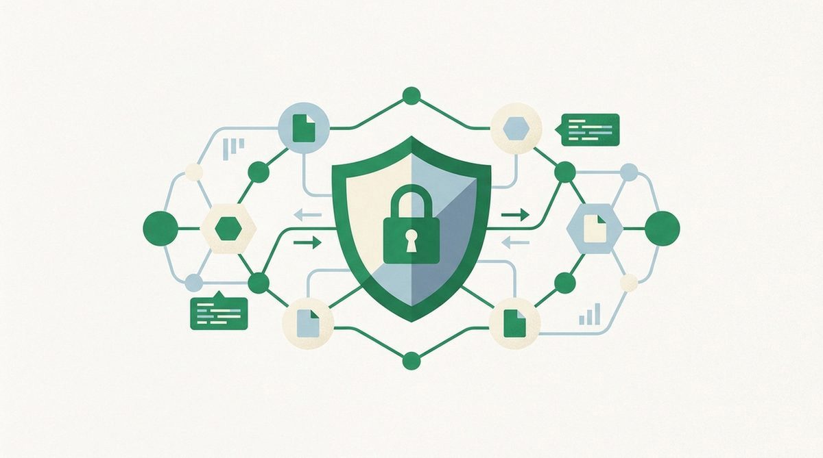shield surrounded by connected file-sharing nodes and a padlock