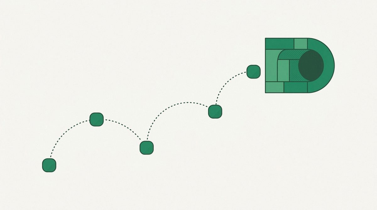 Abstract illustration of five connected nodes forming a path into a secure tunnel, representing a careful setup sequence.