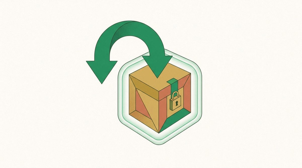 Illustration of a downward arrow flowing into a locked container within a protective barrier, representing a safe download setup