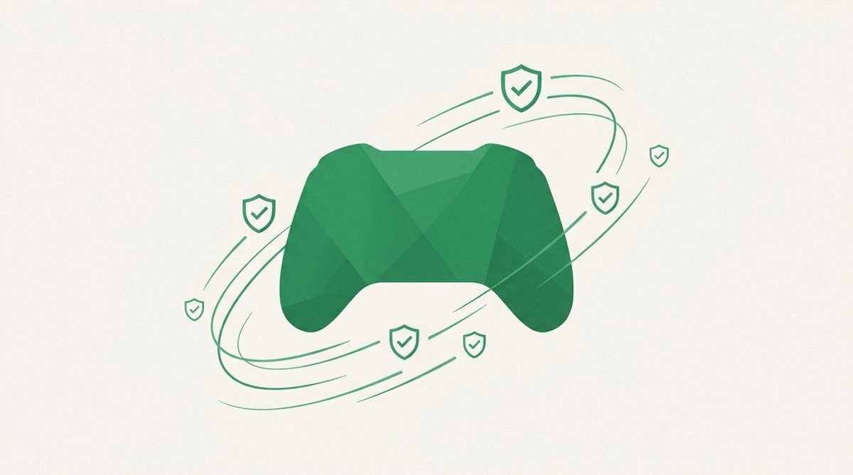 Abstract illustration of a game controller surrounded by shield icons, representing what to look for in a gaming VPN.
