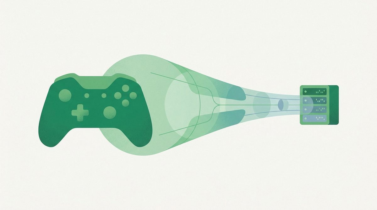 Abstract illustration of a game controller connecting through a secure tunnel, representing setting up a VPN for gaming.