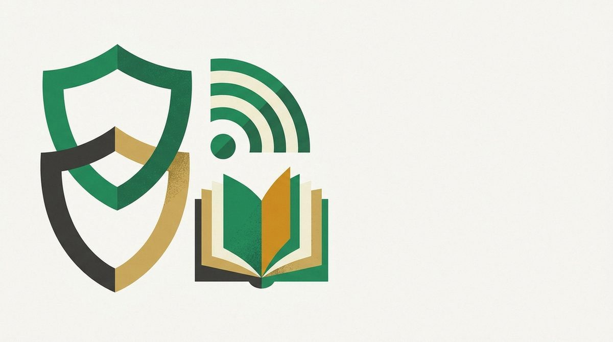 Stacked shields beside a wifi signal icon and a book