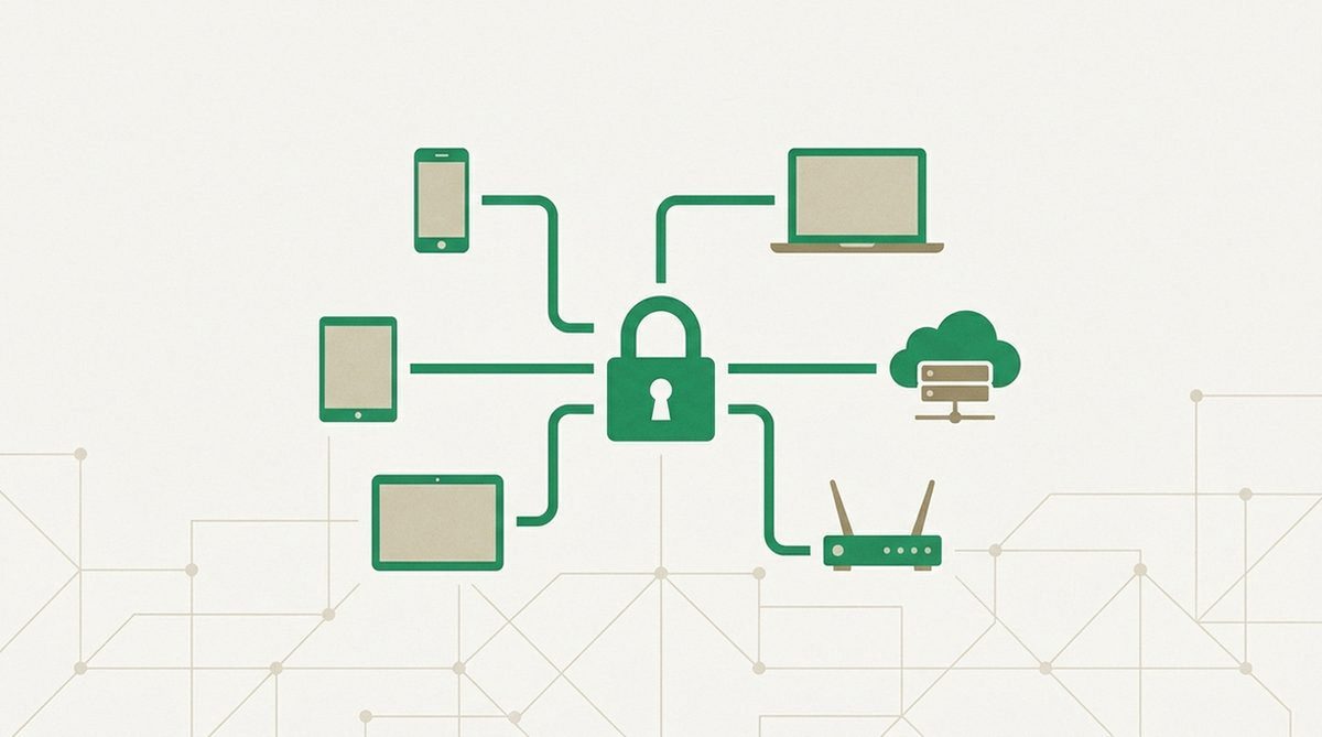 Padlock connecting multiple device icons over a network grid