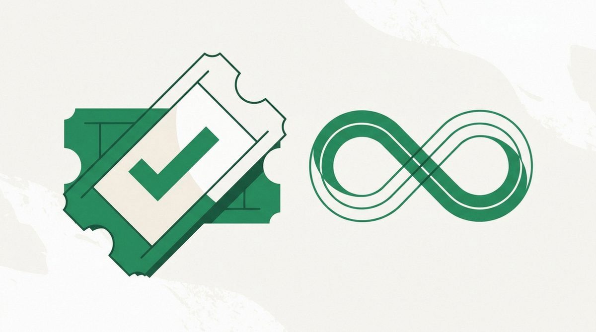 Checkmark-stamped coupon ticket beside an infinity symbol
