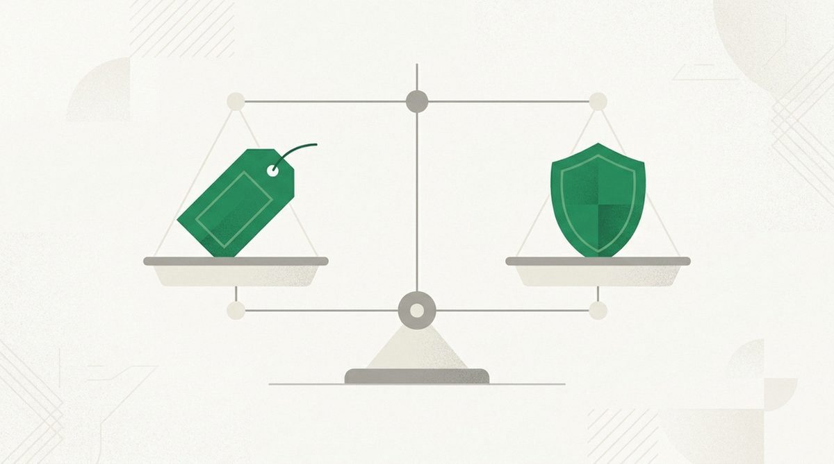 Balance scale weighing a price tag against a shield icon