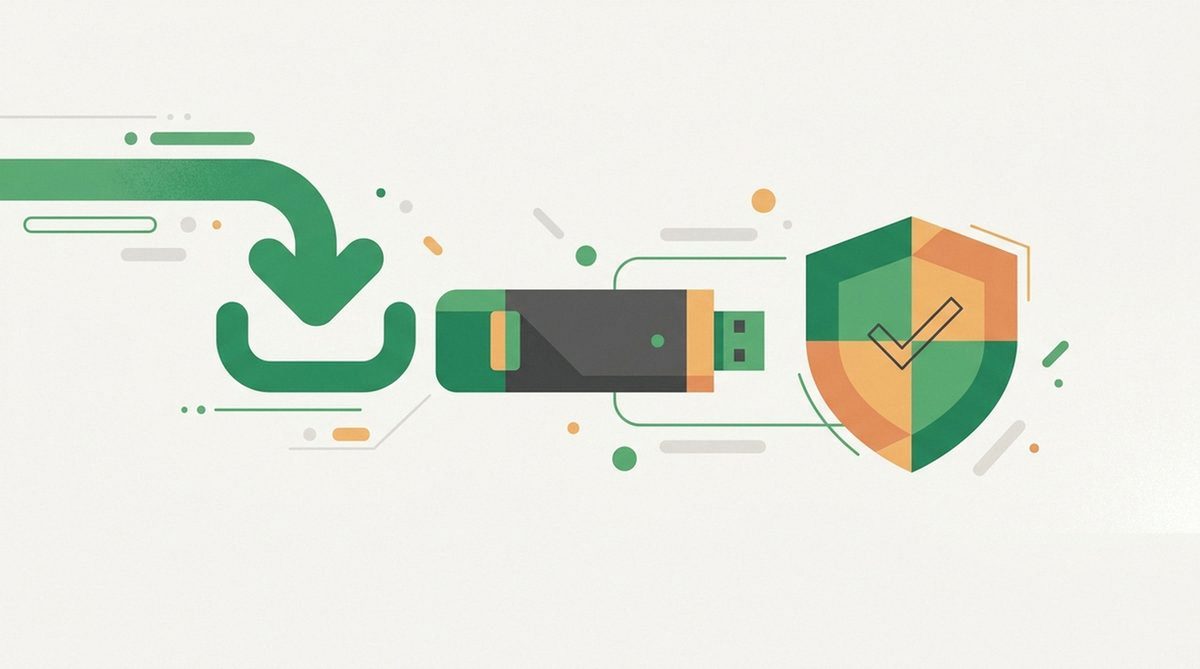 download arrow flowing into a streaming stick with a shield