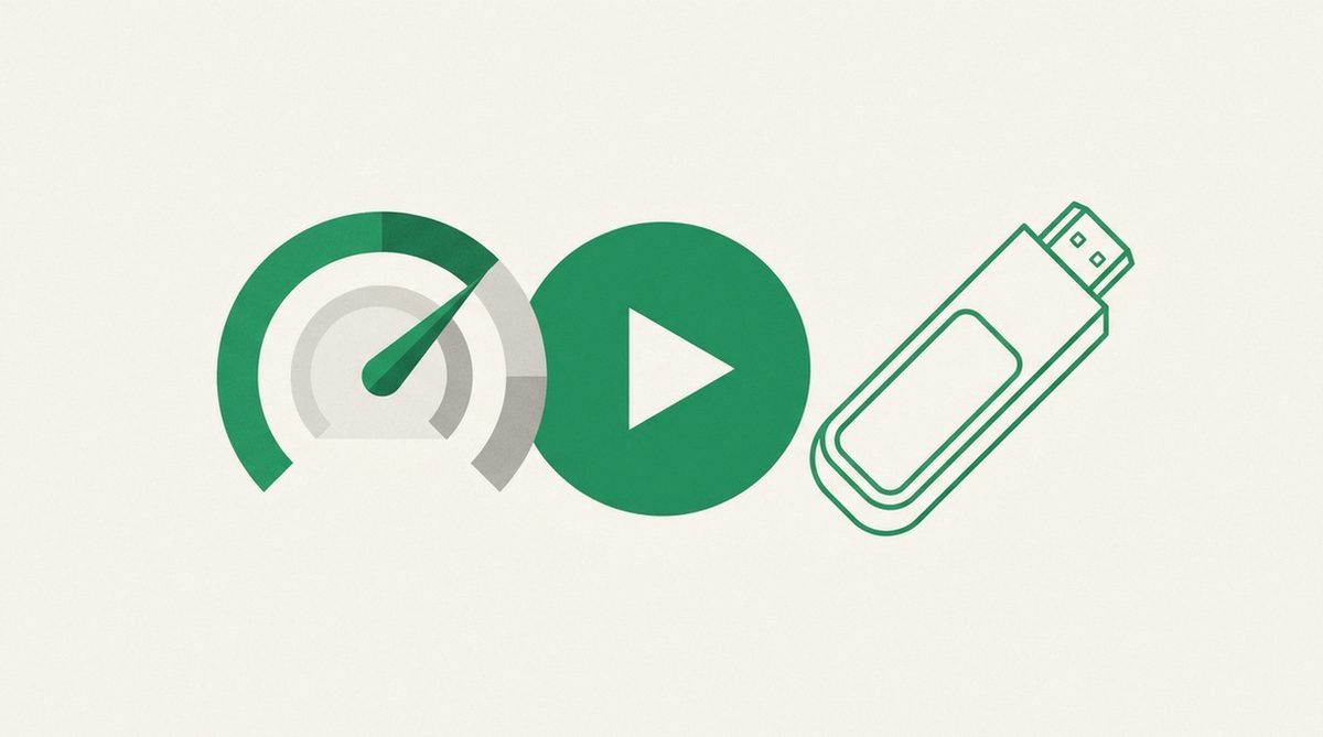 speedometer beside a play button and streaming stick outline