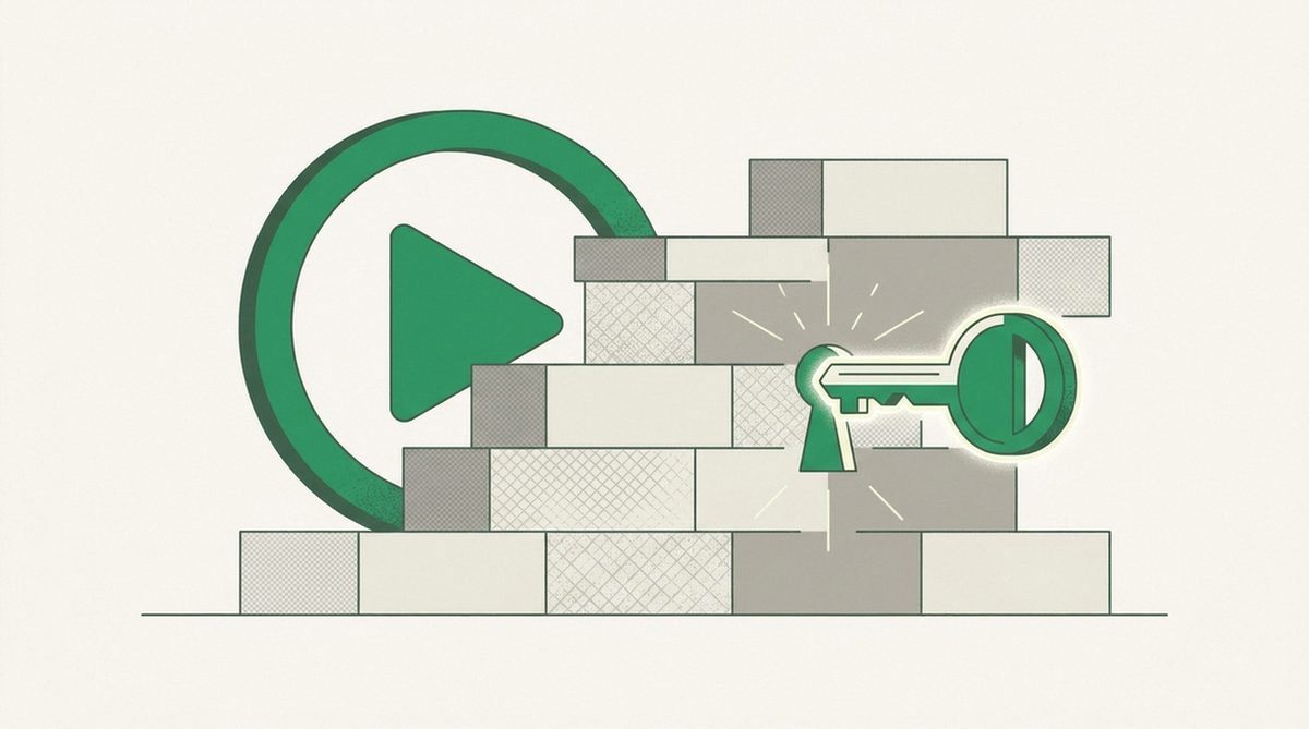 Play button behind a brick wall being unlocked by a key representing blocked streaming