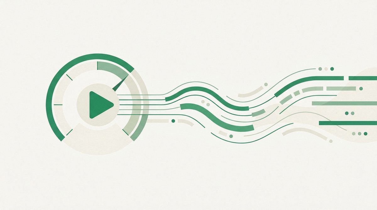 Speedometer gauge with a play button and data lines representing streaming speed test