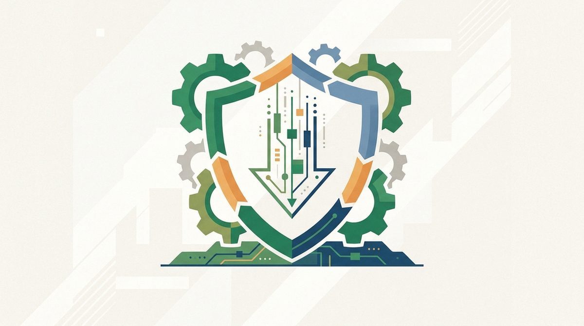 Gear icons configuring a shield around a downward data stream arrow